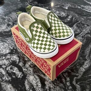 Vans Kids Green and White Checkered Slip-On Sneakers